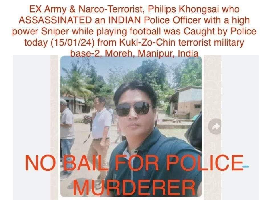 SamHamom96559's tweet photo. #BreakingNews 
Phillips Khongsai, the main accused in the killing of #Moreh SDPO Chingtham Anand, has been apprehended by State police in Moreh this evening. 

#Manipur 
#ManipurNews

#SupremeCourtofIndia #bbcnews #NarendraModi #NortheastNews #NDTvnews @followers https://t.co/2buvLaBJfn