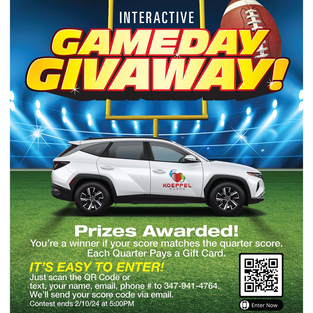 🎉 Exciting News! The Koeppel Auto Group #GameDay #Giveaway #Contest is back! 🚗✨ Scan the QR code or text your name, email, and phone number to 347-941-4764 to enter. 

For Contest Rules: ow.ly/a0xy50Qqxyx

🏆 #GameDayGiveaway #KoeppelAutoGroup #ContestAlert #Football