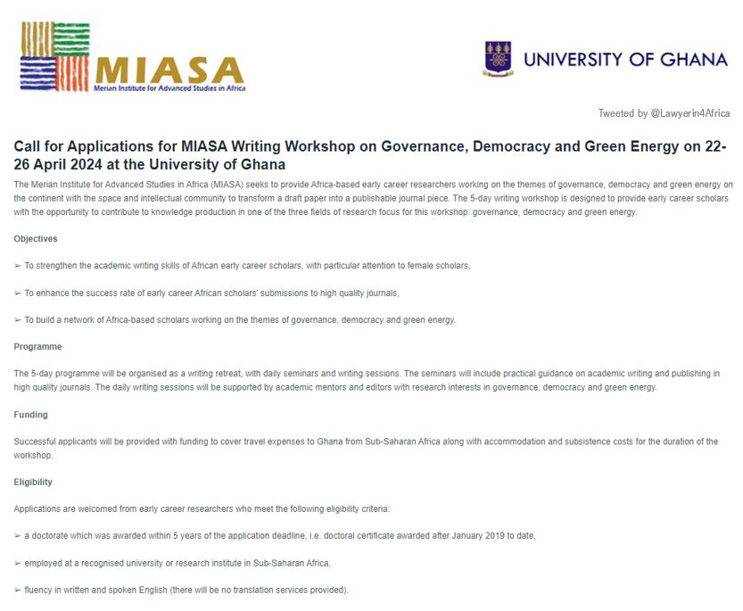 Call for Applications for MIASA Writing Workshop on Governance, Democracy and Green Energy Deadline: Feb 10 ug.edu.gh/mias-africa/Wr…