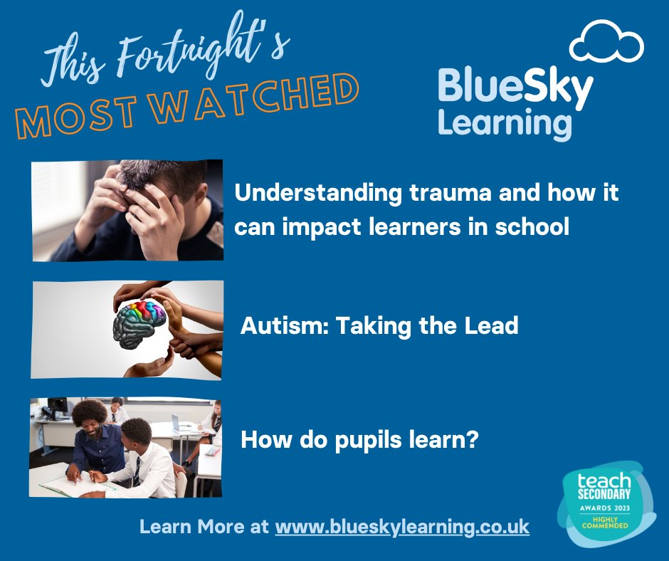 BlueSkyLearn's tweet image. Introducing this week’s top modules on #BlueSkyLearning! Well done to @rachScaffoldEd @AmySayerAS &amp;amp; @RebeccaLeek_ on making the top 3 with their modules on #Trauma, #Autism and the #ScienceOfLearning for #AssociateTeachers/#TA&apos;s Learn More: blueskylearning.co.uk