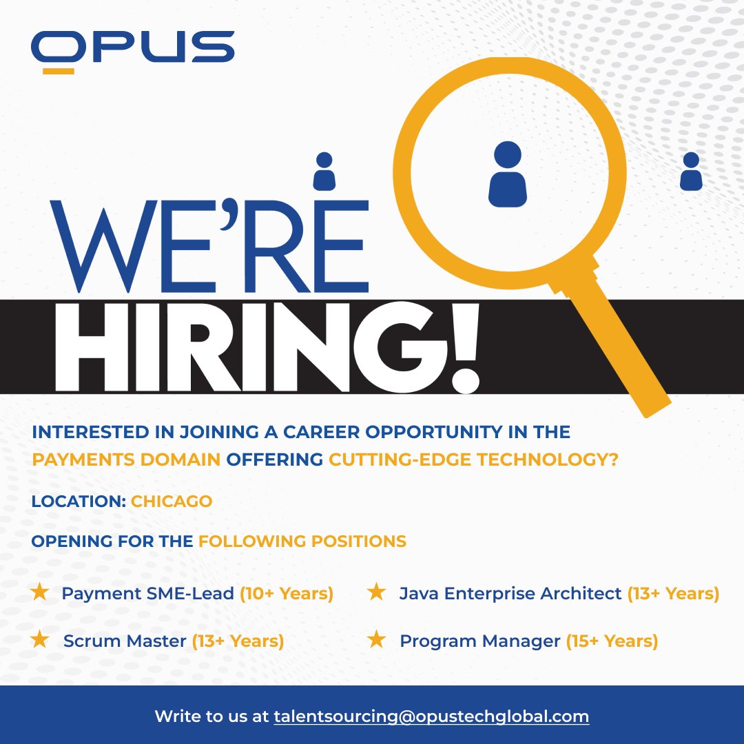 OpusTechGlobal's tweet photo. Opus is looking for skilled professionals to develop and execute innovative solutions.
If youโre looking for challenging work that will drive change in #banking and #finance, send your CV to talentsourcing@opustechglobal.com.
#JobsAtOpus #PaymentSolutions #PaymentInnovation https://t.co/oyTWcqBTXz