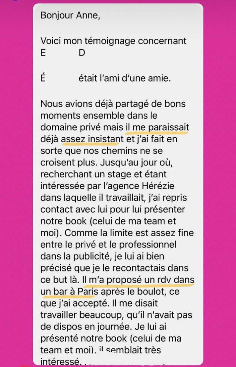 En décembre, lors d’une soirée Noël dans un bar pour un pot de départ de l’agence Steve, un grave événement s’est produit entre un DC et une ex salariée.

Un appel à témoignage concernant ce DC a été fait en story insta 

Voici le premier témoignage à charge : 
Thread 🧵 ⬇️ 1/14