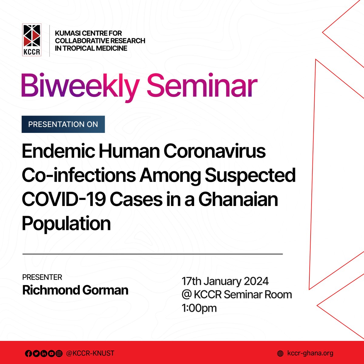KCCR_GH's tweet photo. You are invited to our first Biweekly Seminar for the year.
Presentation by Richmond Gorman.
Please see flyer for more details.
#KCCR #KNUST #BNITM https://t.co/Ed7cZNk6hH