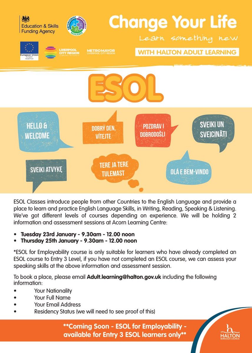 📢Enrolling now for Pre Entry &amp; Entry Level ESOL classes 📢

See below flyer for dates &amp; details on how to book a place at an information/assessment session.

** Additional date for Pre Entry ESOL:

19th Jan, 9am - 1.30pm at Kingsway Learning Centre