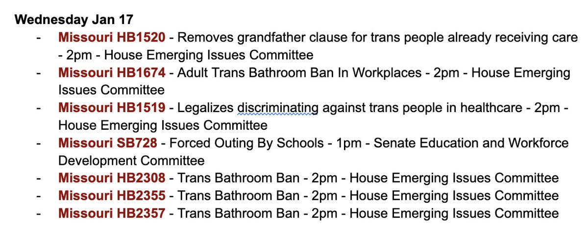 MODemLGBTQ's tweet photo. This Wednesday the below bills are slated to be heard in committee — notably HB1520, which removes the grandfather clause for Trans* Missourians already receiving healthcare. 

Call your Representative today, and consider sending a digital testimony in opposition to hate! https://t.co/uT377wDMuo