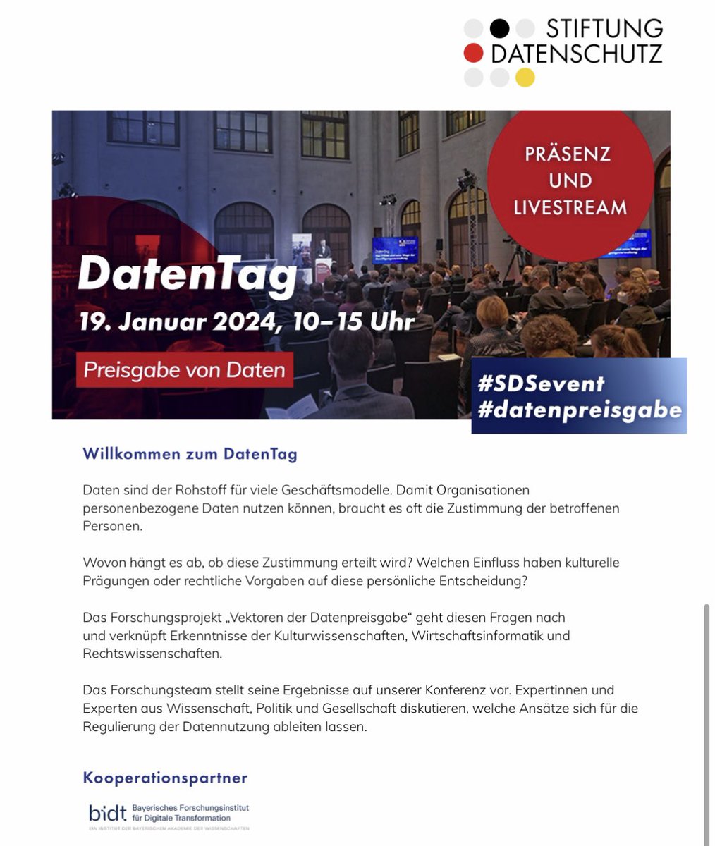 UniPassau_FREDI's tweet photo. #DatenTag in Berlin! Am 19. Januar geht es um die Preisgabe von Daten. Unter anderem diskutiert das bidt-Team interdisziplinär Fragen über die Zustimmung zur Verarbeitung personenbezogener Daten. Infos, Programm und Anmeldung hier: https://t.co/viYHjv9bJB https://t.co/7C8RBNNAO5