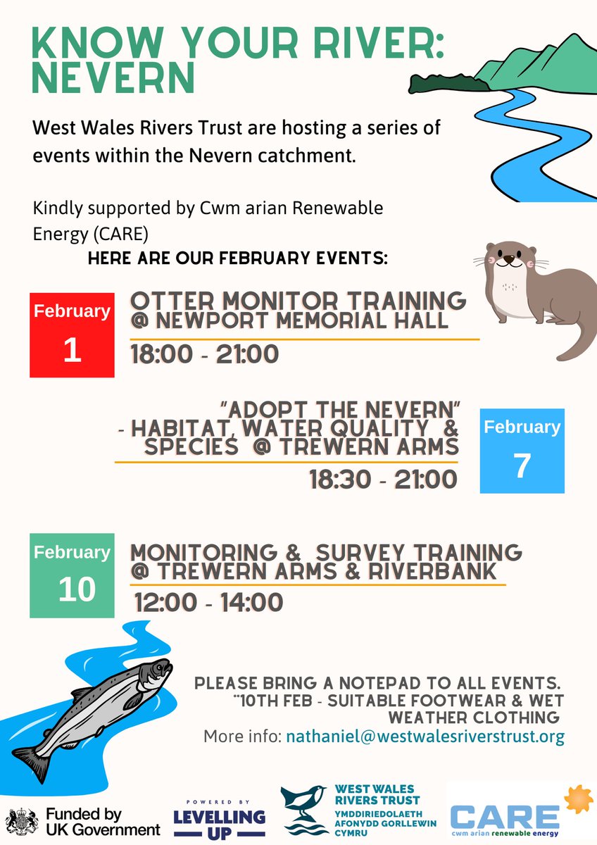 We are holding a series of events in the Nevern catchment throughout February with the kind support of Cwm Arian Renewable Energy please join us! It is a great opportunity to join our Adopt a Tributary program which has just started in Pembrokeshire.