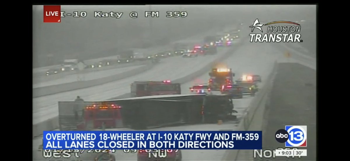 ICE ALERT: Y’all, this is not a drill! I-10 is getting shut down in both directions west of Houston in Brookshire. Ice is all over the freeway with an overturned 18-wheeler in one direction and another accident in the opposite direction. We are live: abc13.com/live