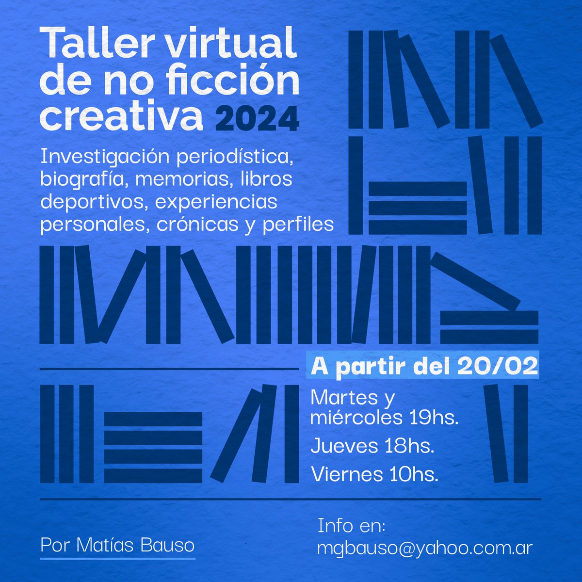 Taller virtual de No Ficción ¿Querés escribir una investigación periodística? ¿Una biografía? ¿Una memoir? ¿Cualquier otro género de la no ficción? ¿Tenés algo escrito y buscás el envión final para terminarlo?
Este año, además, con algunas novedades.