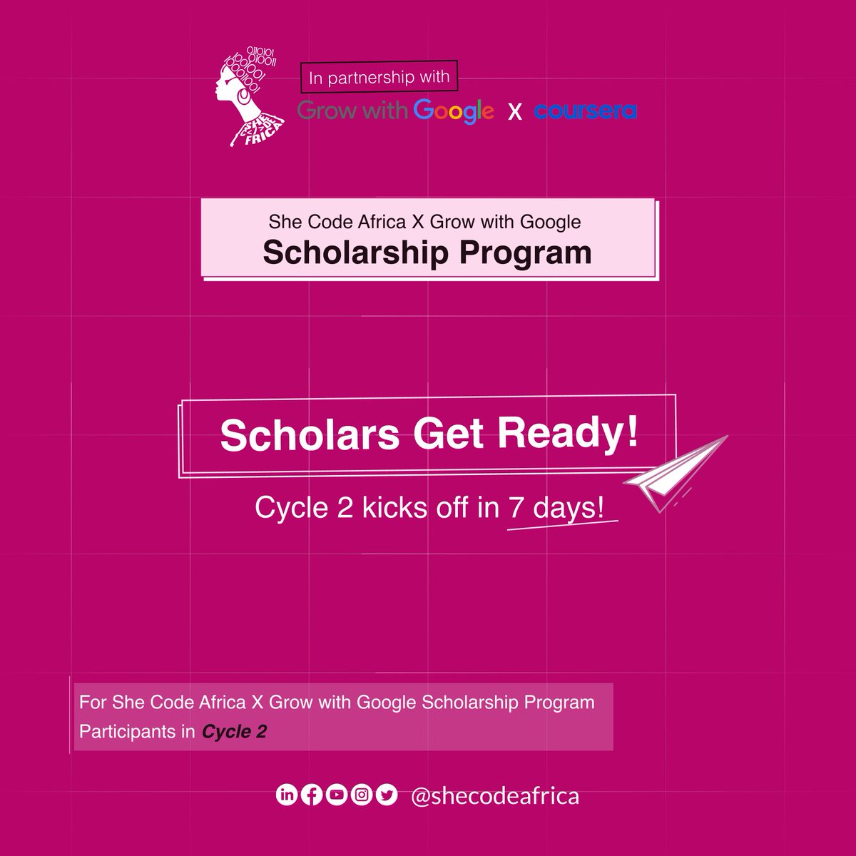 SheCodeAfrica's tweet photo. Attention SCAxGWG Scholars! 📣📣
Get ready! Cycle 2 is set to kick off in just 7 days! 🚀
We hope you're as excited as we are. Mark your calendars and gear up for the incredible journey ahead! 🚀🚀
#SheCodeAfrica #SCAxGWG https://t.co/y48HDRlr1L
