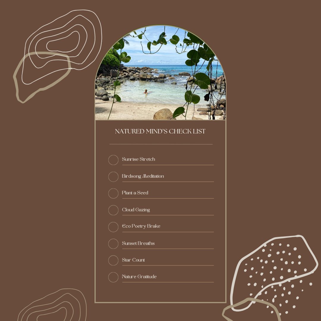 NaturedMinds's tweet image. 🌿 Natured Mind's Check List 🌿

1. Sunrise Stretch
2. Birdsong Meditation
3. Plant a Seed
4. Cloud Gazing
5. Eco Poetry Break
6. Sunset Breaths
7. Star Count
8. Nature Gratitude

#NatureCheck