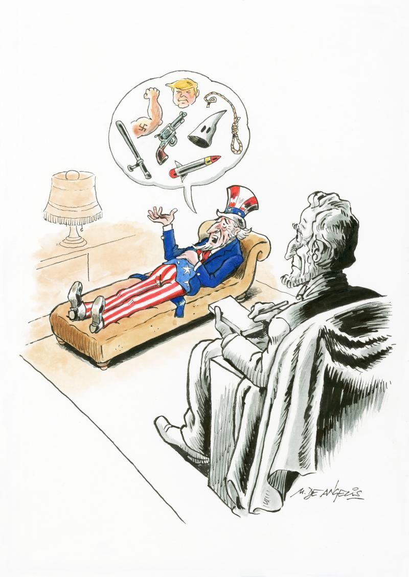 American psycho. Cartoon by Marco De Angelis: cartoonmovement.com/cartoon/americ…

#America #USA #NRA #Trump #KKK