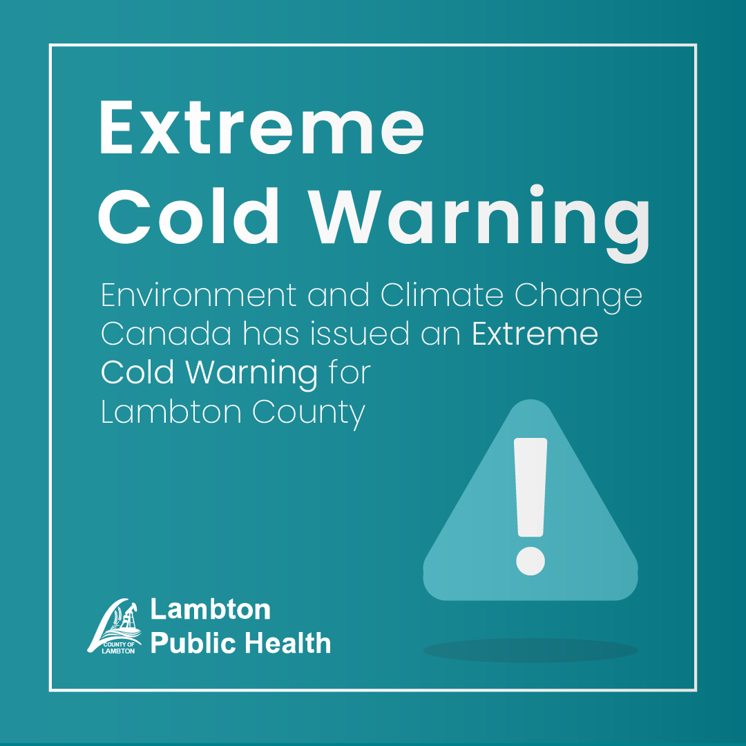 Environment and Climate Change Canada has issued an Extreme Cold Warning for Lambton County.  

For more information, visit: lambtonpublichealth.ca/cold-warning-j…