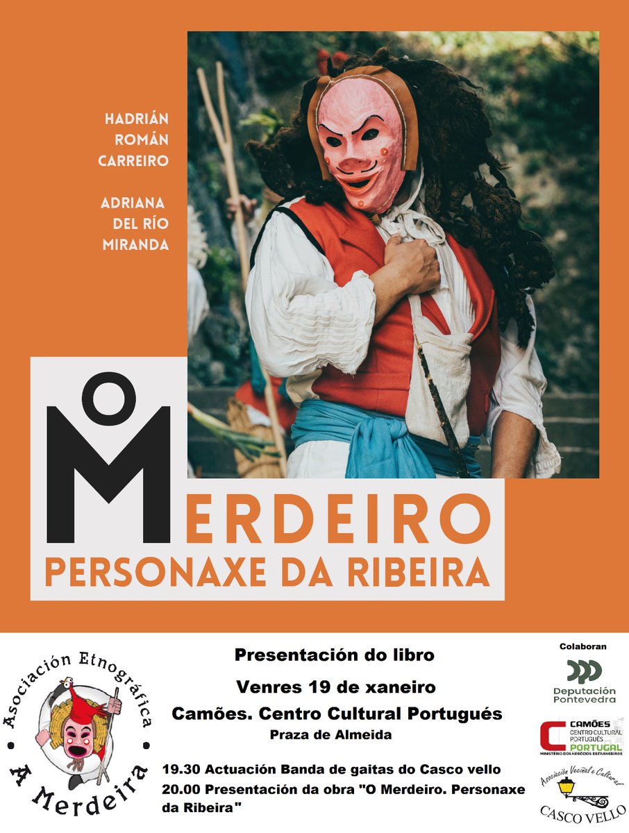 O vindeiro venres día 19 de xaneiro presentaremos o noso libro "O Merdeiro. Personaxe da Ribeira". Contaremos coa actuación da Banda de Gaitas da <a href="/CascoVelloVigo/">AVC Casco Vello Vigo</a>. Realizarase na instalacións do Camões - Centro Cultural Português en #Vigo sito na Praza de Almeida. Agardámosvos!