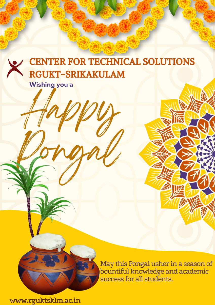 rgukt_official's tweet photo. Happy Pongal to all our bright and aspiring students!!!
May this festival of harvest bring you abundant success, joy, and inspiration for your academic journey. Wishing you a year filled with learning and achievement... https://t.co/rpHOfZEI2Y