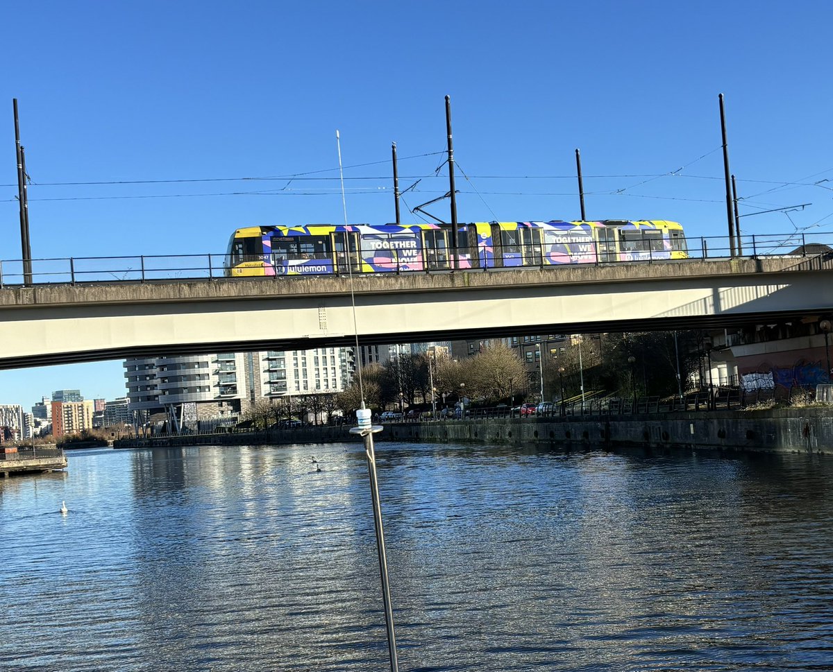 rfantauzzo's tweet photo. Blue Skies for Blue Monday and a cruise round Salford and Manchester. I love a good bridge.  ⛴️ ☀️ 🥶 https://t.co/fi9CPotIPf