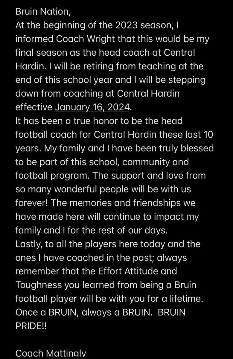 CHBruinFootball's tweet photo. Coach Tim Mattingly 
2014-2023
Winningest coach in CHHS history
79 wins
15 Playoff wins
6 District Titles 
3 Region Runner-up Titles
2 Region Champion Titles
2 Semi-State appearances https://t.co/nKt8nXolbA