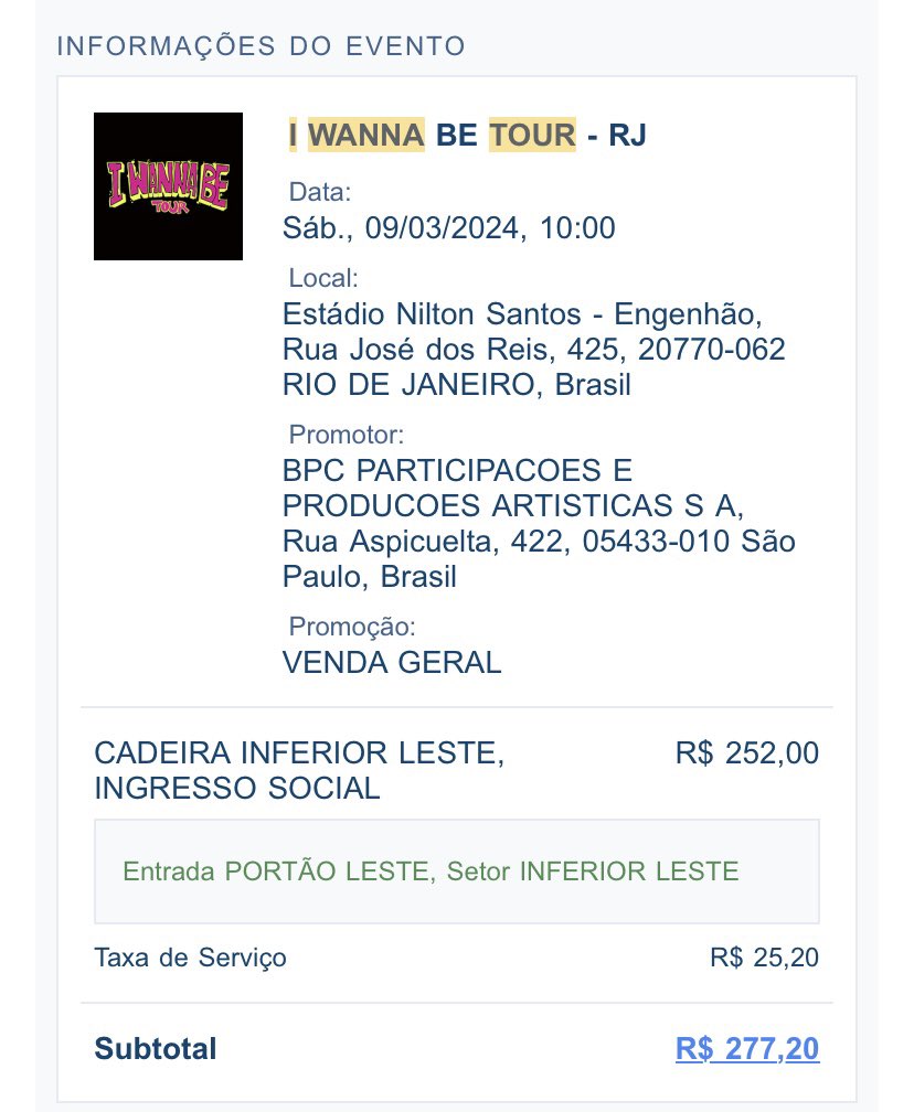 llline_costa's tweet photo. VENDO INGRESSO PARA O I WANNA BE TOUR 2023 – RIO DE JANEIRO

CADEIRA INFERIOR LESTE / INGRESSO SOCIAL  

R$ 277,20 (valor do ingresso + taxa do site)

#iwannabetour #RiodeJaneiro https://t.co/vzJBQVOOhU