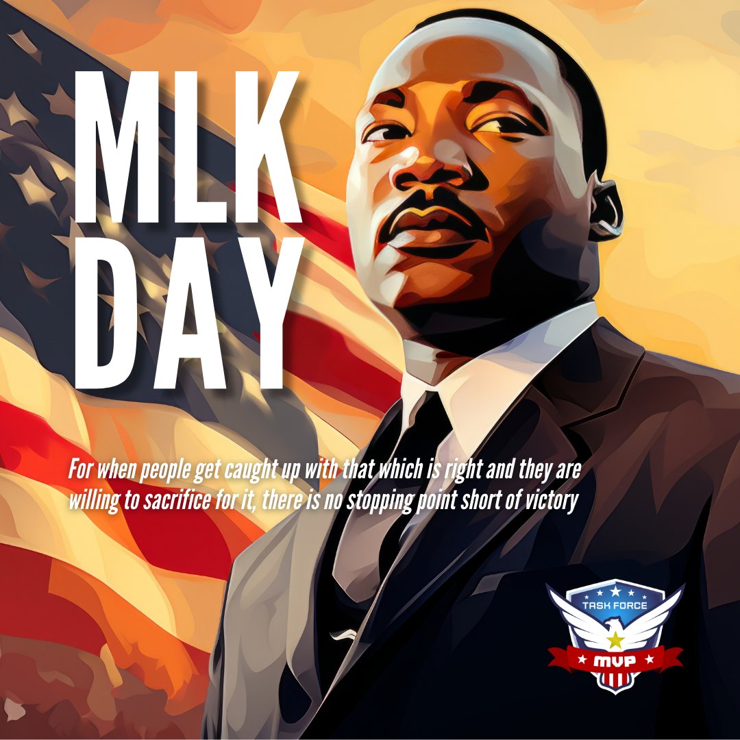 TaskForceMVP's tweet photo. Honoring #MLKDay, we at Task Force MVP resonate with Dr. King's vision of unity &amp; resilience, supporting our nation's heroes in college sports. #Unity #Resilience #Honor https://t.co/pYfAtWBvpy