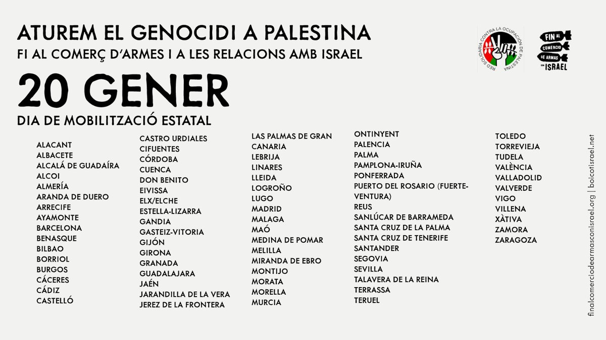 Ja som 78 ciutats que ens manifestarem aquest dissabte 20 de gener sota el lema "Aturem el genocidi, fi al comerç d'armes i a les relacions amb Israel".

Més informació sobre la mobilització estatal aquí: palestina.cat/20-de-gener-di…

#AturemElGenocidi
#ConPalestina20E