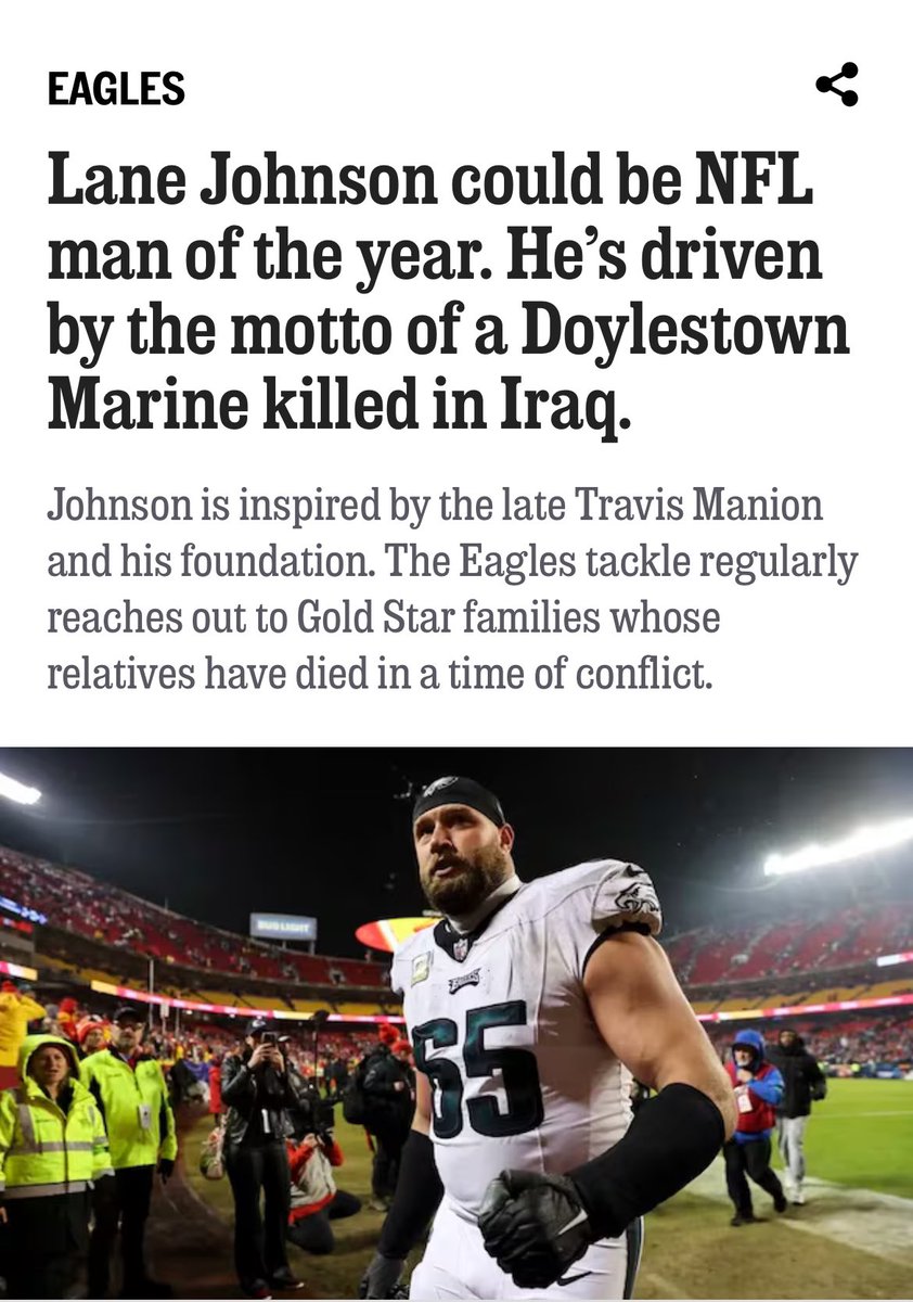 The Eagles Lane Johnson is drawing some extra motivation from <a href="/lschsalumni/">La Salle College High School ALUMNI</a> Travis Manion '99 and <a href="/TMFoundation/">Travis Manion Foundation</a> this season:

"The motto that the Marine from Doylestown lived by — “If not me, then who?” — resonated with Johnson.

“If anything is wrong or a fight needs to be
