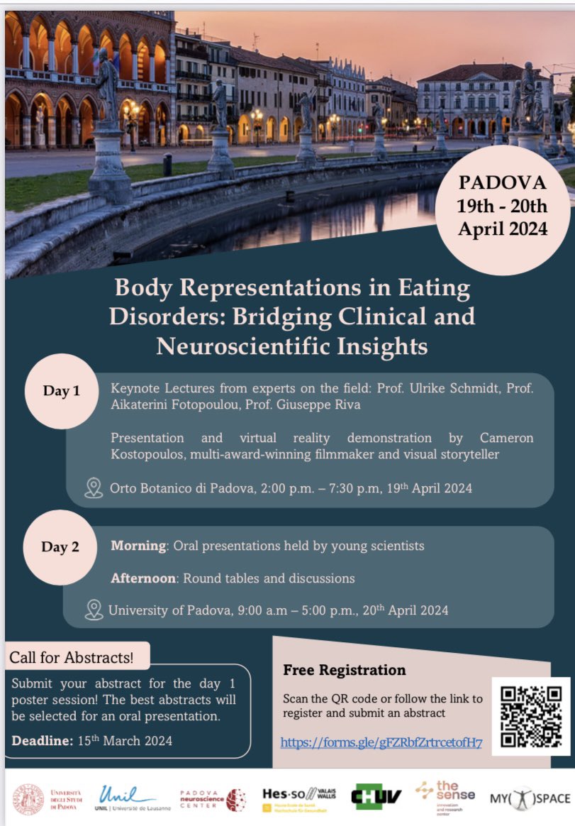 Body Representations in Eating Disorders: seminar announcement out 🥁📢🔔📨📣 Abstract submission open TODAY and will close March 15th! See you in beautiful Padua!🤩 @andrea__serino @ECollantoni @MichiBassolino #body #cognition #eatingDisorders