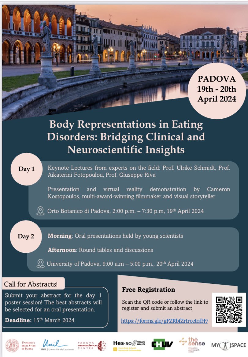Gaia Risso (@gaiarisso) on Twitter photo Body Representations in Eating Disorders: seminar announcement out 🥁📢🔔📨📣
Abstract submission open TODAY and will close March 15th!
See you in beautiful Padua!🤩
<a href="/andrea__serino/">Andrea Serino</a> <a href="/ECollantoni/">enrico collantoni</a> <a href="/MichiBassolino/">Michela Bassolino</a>
#body #cognition #eatingDisorders Body Representations in Eating Disorders: seminar announcement out 🥁📢🔔📨📣
Abstract submission open TODAY and will close March 15th!
See you in beautiful Padua!🤩
<a href="/andrea__serino/">Andrea Serino</a> <a href="/ECollantoni/">enrico collantoni</a> <a href="/MichiBassolino/">Michela Bassolino</a>
#body #cognition #eatingDisorders