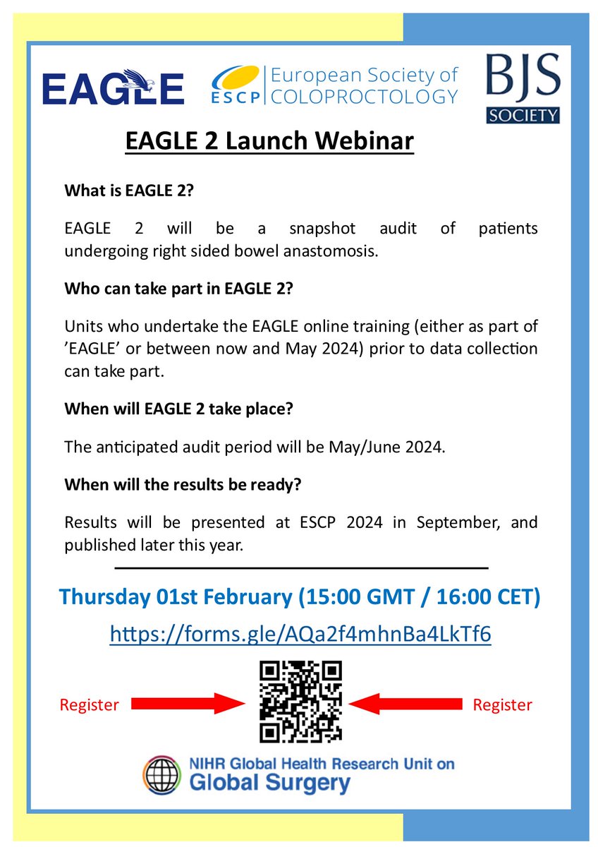 EAGLE Study (@eagleescp) on Twitter photo EAGLE 2 is coming!
Join us on 01st February to find out more...
Register your webinar place at forms.gle/nZTtbDE7sajege….
<a href="/BJSurgery/">BJS</a> <a href="/escp_tweets/">European Society of Coloproctology</a> <a href="/NIHR_GSU/">NIHR Global Surgery</a> <a href="/nlavellaneda/">Nicolas Avellaneda</a> <a href="/minaya_bravo/">Ana Minaya-Bravo</a> <a href="/AlaaEl_Hussuna/">Alaa El-Hussuna</a> <a href="/DrJamesGlasbey/">James Glasbey 🇪🇺</a> <a href="/yanelizabethli/">Elizabeth Li</a> <a href="/YouESCP/">Young ESCP</a> <a href="/BJSAcademy/">BJS Academy</a> @escp_studies EAGLE 2 is coming!
Join us on 01st February to find out more...
Register your webinar place at forms.gle/nZTtbDE7sajege….
<a href="/BJSurgery/">BJS</a> <a href="/escp_tweets/">European Society of Coloproctology</a> <a href="/NIHR_GSU/">NIHR Global Surgery</a> <a href="/nlavellaneda/">Nicolas Avellaneda</a> <a href="/minaya_bravo/">Ana Minaya-Bravo</a> <a href="/AlaaEl_Hussuna/">Alaa El-Hussuna</a> <a href="/DrJamesGlasbey/">James Glasbey 🇪🇺</a> <a href="/yanelizabethli/">Elizabeth Li</a> <a href="/YouESCP/">Young ESCP</a> <a href="/BJSAcademy/">BJS Academy</a> @escp_studies