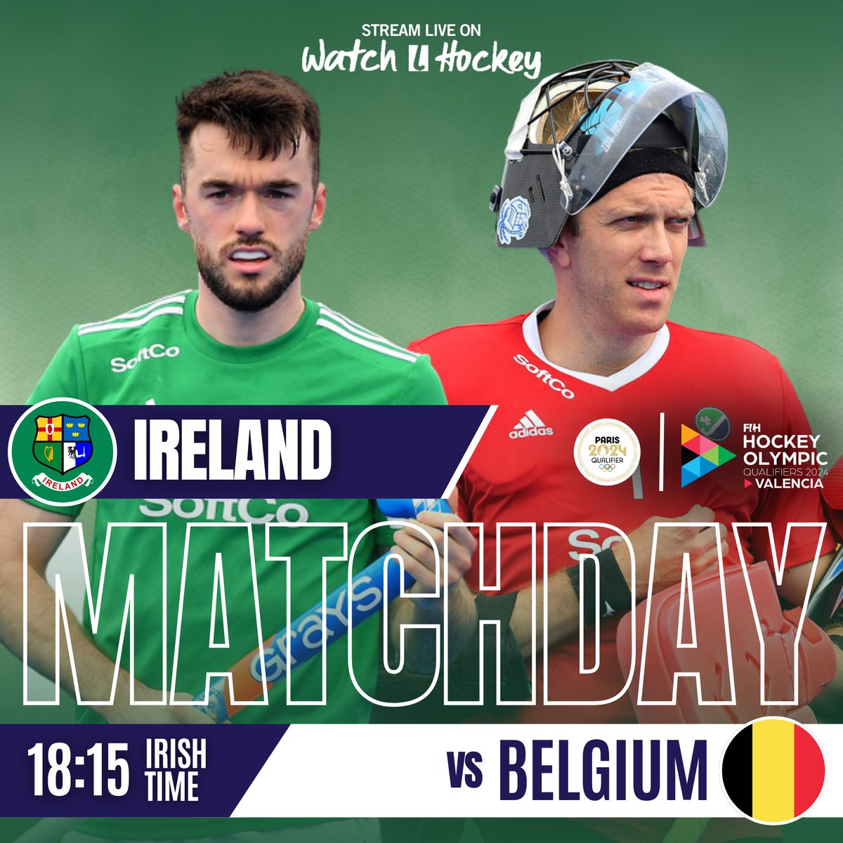 Matchday for the Ireland Men vs Belgium! ⚔️

A fierce showdown for our Men as they take on #2 ranked Belgium. Pushback 6:15pm Irish Time.

You're not gonna want to miss this one! ☘️

#HockeyInvites #EnrouteToParis #Paris24 #greenarmy