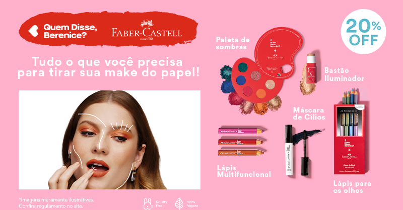 qdberenice's tweet photo. A collab desejo do ano chegou para desenhar sua beleza, e tirar a make o papel! Compre a coleção de makes Quem Disse, Berenice? e Faber Castell no site ou lojas da Berê com 20% OFF.
