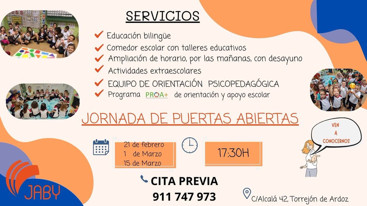 ColegioJABY's tweet photo. Comienza una nueva etapa. No dudes en venir a conocer nuestro proyecto.
¡Apúntate a las jornadas de puertas abiertas y te lo contamos! https://t.co/XbWRzZOyek