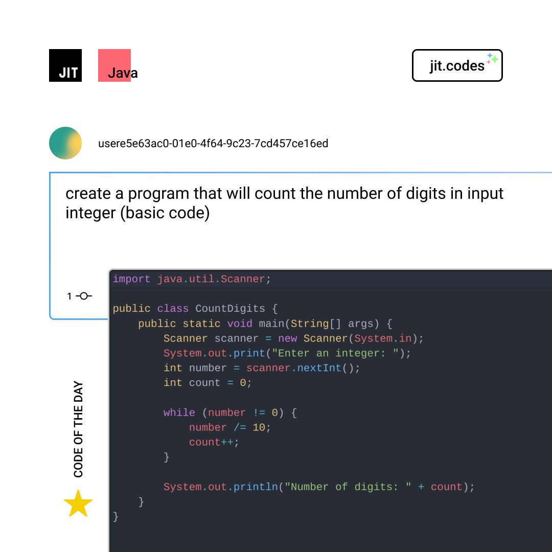 jit_it_'s tweet photo. βοΈ #CodeOfTheDay π https://t.co/XOaksOkbIj
Prompt: create a #program that will count the number of digits in input #integer (basic #code)
#JITcodes #Java #HTML #CSS #AI https://t.co/cN2t5W9Fqg