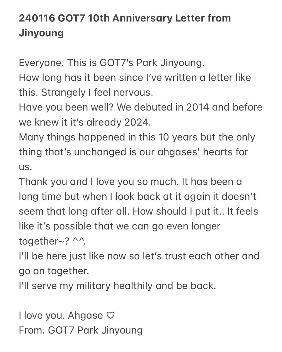 ๋ฏธ๋์ธ๋จธ (@midsummer922) on Twitter photo 240116 Letter from Jinyoung
โMany things happened in this 10 years but the only thing thatโs unchanged is our ahgasesโ hearts for us.
โฆ
How should I put it.. It feels like itโs possible that we can go even longer together~? ^^.โ
#ADecadeWithGOT7
#๊ฐ์ธ๋ธ_์ญ๋
์งธ๋ฌด๋๋ฟ์
<a href="/GOT7/">GOT7 (๊ฐ์ธ๋ธ)</a> 240116 Letter from Jinyoung
โMany things happened in this 10 years but the only thing thatโs unchanged is our ahgasesโ hearts for us.
โฆ
How should I put it.. It feels like itโs possible that we can go even longer together~? ^^.โ
#ADecadeWithGOT7
#๊ฐ์ธ๋ธ_์ญ๋
์งธ๋ฌด๋๋ฟ์
<a href="/GOT7/">GOT7 (๊ฐ์ธ๋ธ)</a>