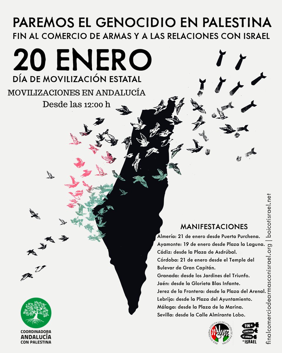 alterandalucia's tweet photo. Paremos el genocidio en Palestina 
#Andalucia
10 ciudades andaluzas se han sumado a las movilizaciones del próximo #20Enero en apoyo del #PuebloPalestino: Almería, Ayamonte, Cádiz, Córdoba, Granada, Jaén, Jerez, Lebrija, Málaga y Sevilla.
#APDHA @APDHA
@ALTER_info #Palestina 🇵🇸 https://t.co/1KSThq0Sbq