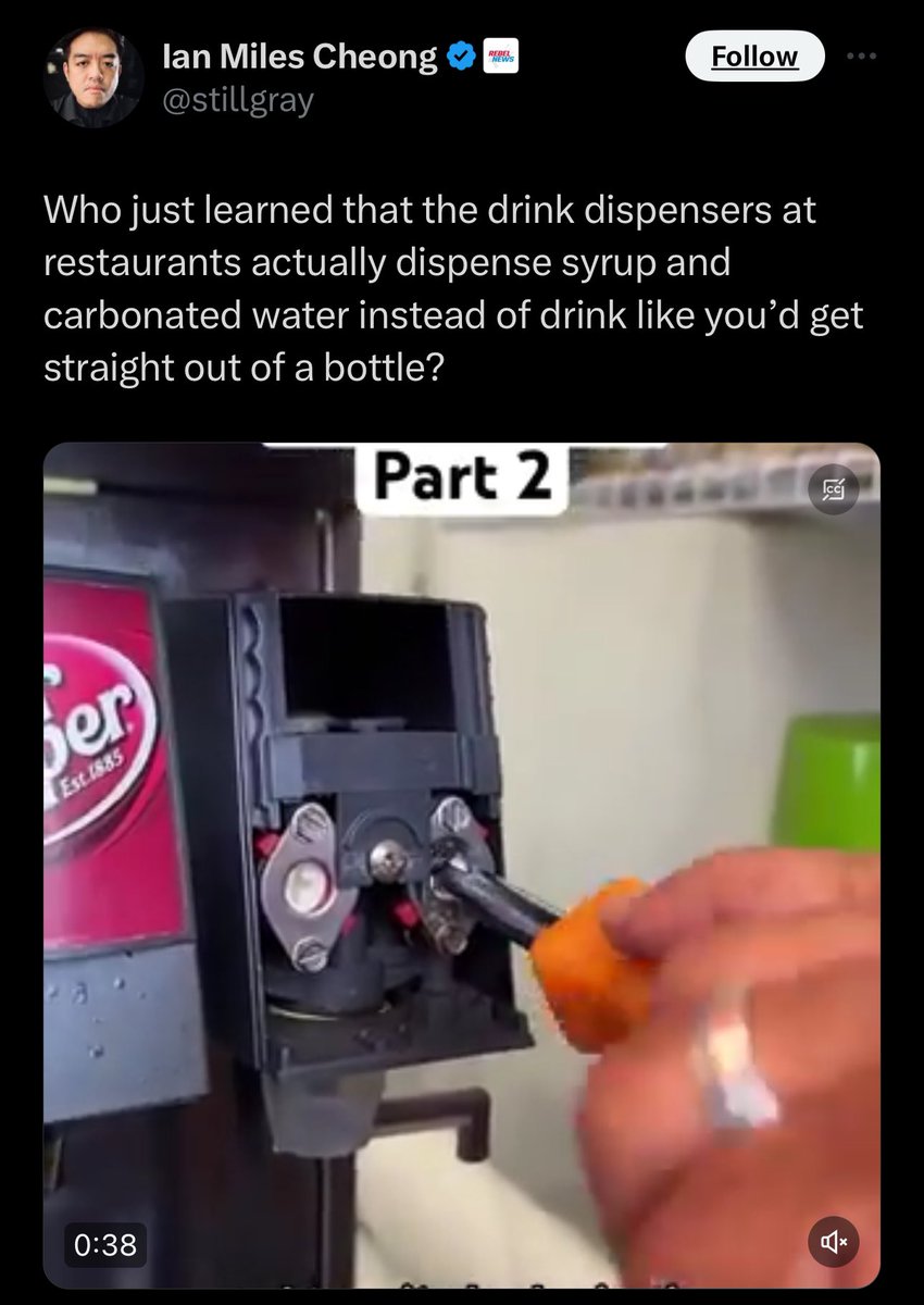 Did he think restaurants had giant vats of soda under ground like fuel at a gas station? Or did he think 16-year old employees were using pallet jacks to change out the massive containers of Dr Pepper that’d be required to keep everyone’s cup full?