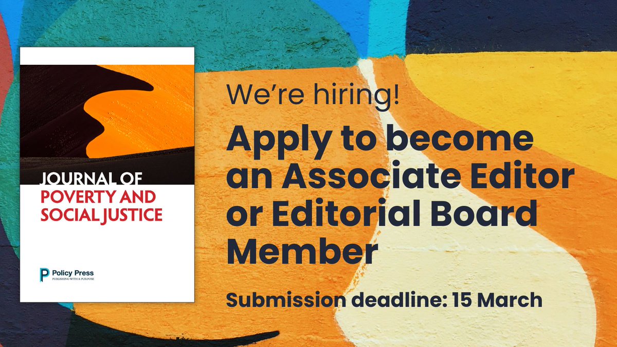 Journal Poverty & SJ (@jpsj_journal) on Twitter photo 📣📣 Call for Associate editors! 📣📣
We’re recruiting for 5 Associate editors to join the <a href="/JPSJ_journal/">Journal Poverty & SJ</a> team for next 3 years.
We’re also calling for new Editorial Board Members.
Applications close 15 Mar. Details 👇
https:// bristoluniversitypressdigital.com/view/journals/… 📣📣 Call for Associate editors! 📣📣
We’re recruiting for 5 Associate editors to join the <a href="/JPSJ_journal/">Journal Poverty & SJ</a> team for next 3 years.
We’re also calling for new Editorial Board Members.
Applications close 15 Mar. Details 👇
https:// bristoluniversitypressdigital.com/view/journals/…