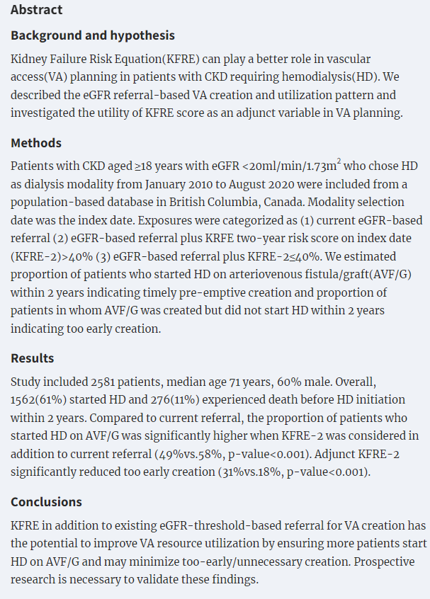 SevenOaksCDIC's tweet photo. Kidney Failure Risk Equation #KFRE in vascular access planning: a population-based study supporting value in decision making. @BCRenal
โก๏ธ https://t.co/VkyXFGvsso https://t.co/SrybQVf7wb
