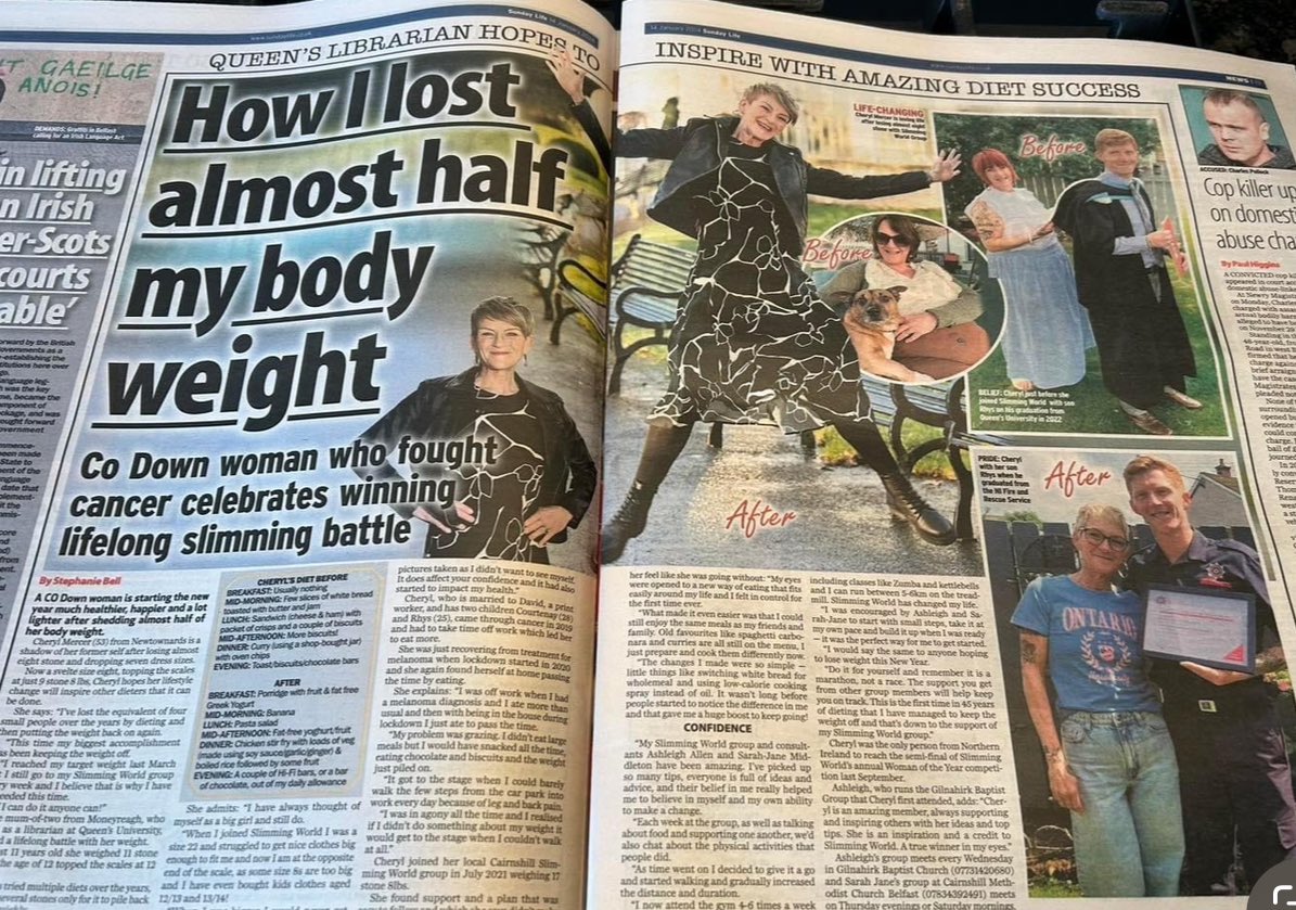 A big THANK YOU to Stephanie for an amazing write up in @TheSundayLife and @BelTel on my member Cheryl who has lost a staggering 8 stone with my @SlimmingWorld @Gilnahirkbap and Cairnshill group! An incredible achievement, a true inspiration! I couldn’t more more proud ❤️ xxx