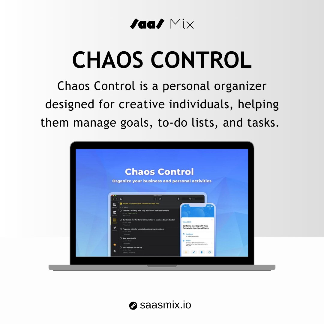Chaos Control is a personal organizer designed for creative individuals, helping them manage goals, to-do lists, and tasks.

#ChaosControl #PersonalOrganizer #Creative #Individuals #ManageGoals #Goals #ToDoList #Tasks #ManageTasks #SaaSMix