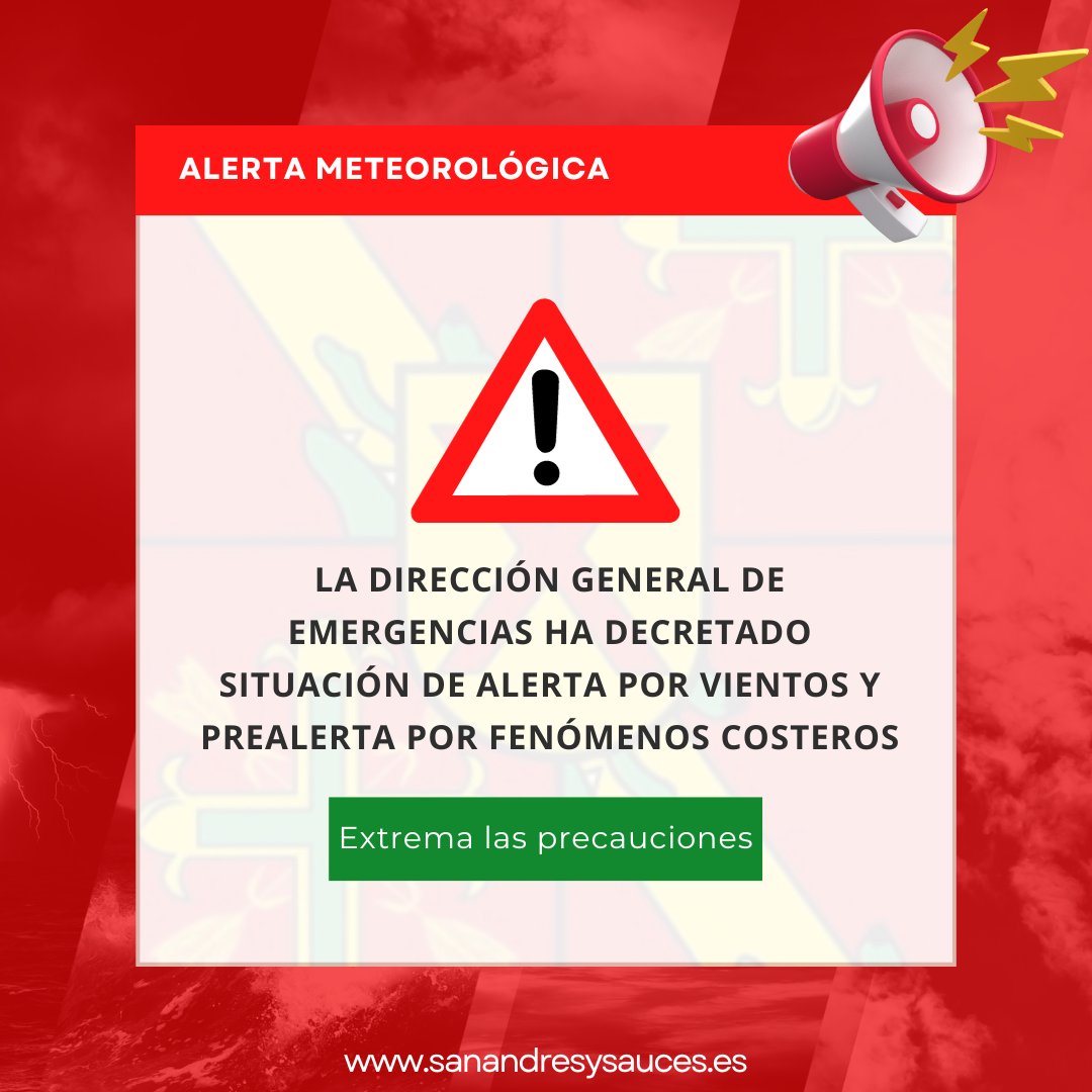 sandresysauces's tweet photo. ⚠️ 𝗔𝗹𝗲𝗿𝘁𝗮 

La Dirección General de Emergencias del Gobierno de Canarias ha decretado alerta por #vientos y prealerta por #fenómenosCosteros.

▪️ Desde el Ayuntamiento de San Andrés y Sauces pedimos que extremen las precauciones.

#alertameteorológica #meteo #AEMET https://t.co/Qk54WzutFO