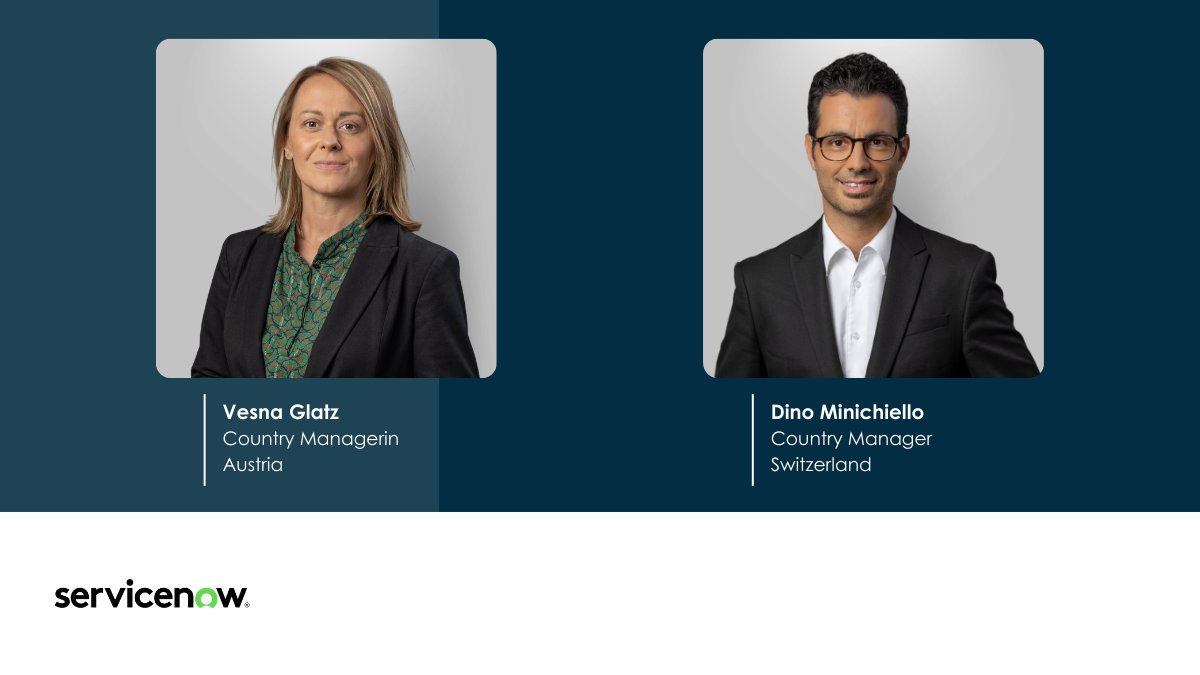Herzlichen Glückwunsch an Vesna Glatz, jetzt als Country Managerin Austria, und Dino Minichiello, nun Country Manager Switzerland bei #ServiceNow!

Ihre Erfahrung und #Führungskompetenz heben unser Team auf neue Höhen! 🚀
