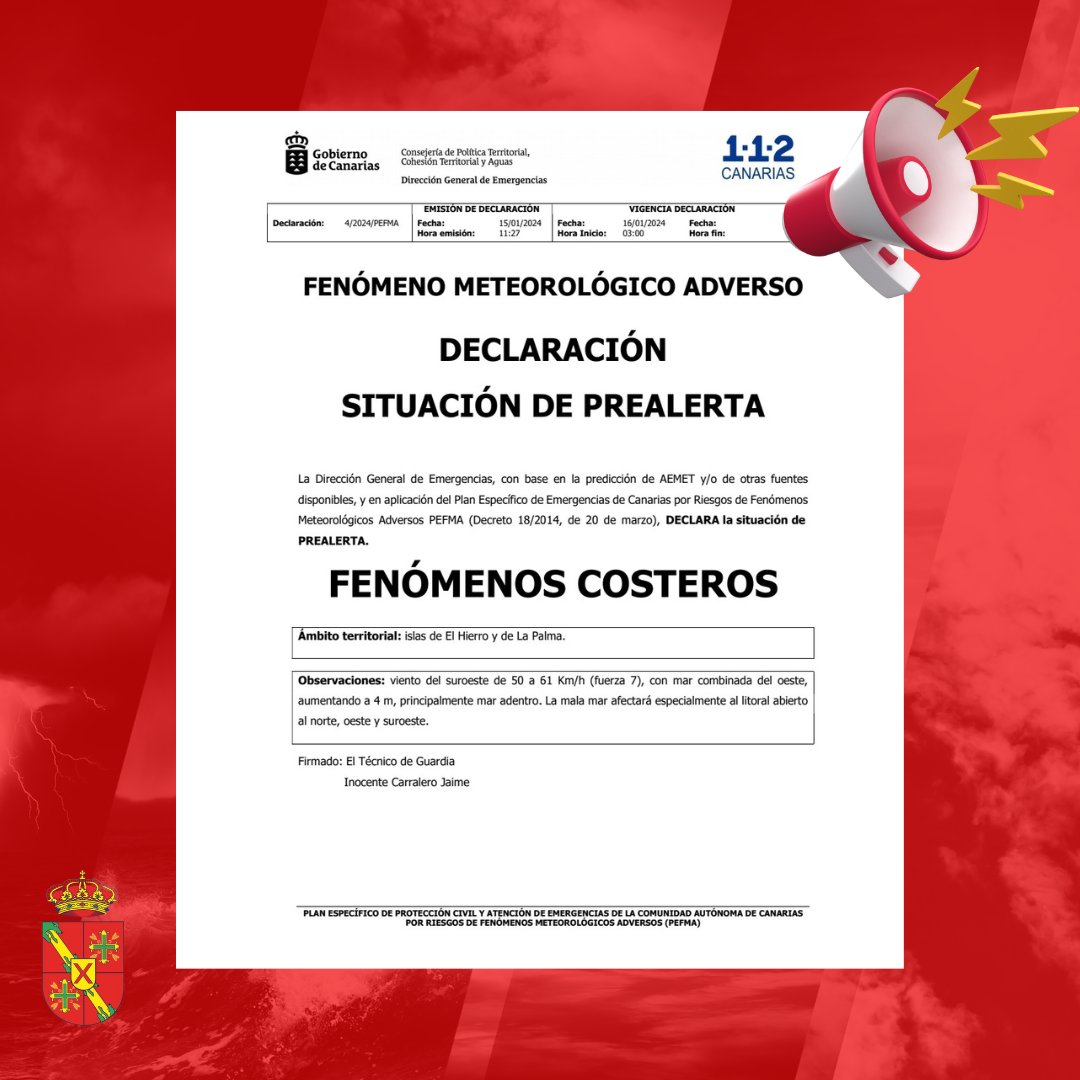 sandresysauces's tweet photo. ⚠️ 𝗔𝗹𝗲𝗿𝘁𝗮 

La Dirección General de Emergencias del Gobierno de Canarias ha decretado alerta por #vientos y prealerta por #fenómenosCosteros.

▪️ Desde el Ayuntamiento de San Andrés y Sauces pedimos que extremen las precauciones.

#alertameteorológica #meteo #AEMET https://t.co/Qk54WzutFO