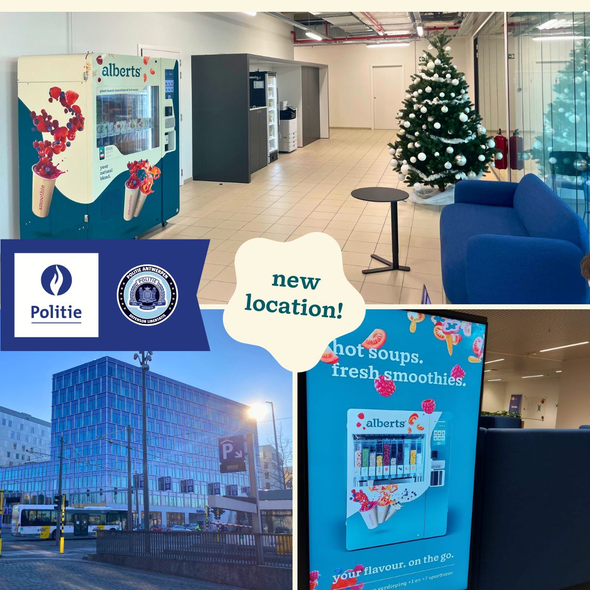 We just finished installing two combo machines at the Antwerp Police (PZA)! 🚀 👉 2 machines offering both delicious smoothies and hearty soups! 🍲🍹 🏢 Located strategically next to the gym in the brand-new master building of the Antwerp Police Force. Thank you for the trust!