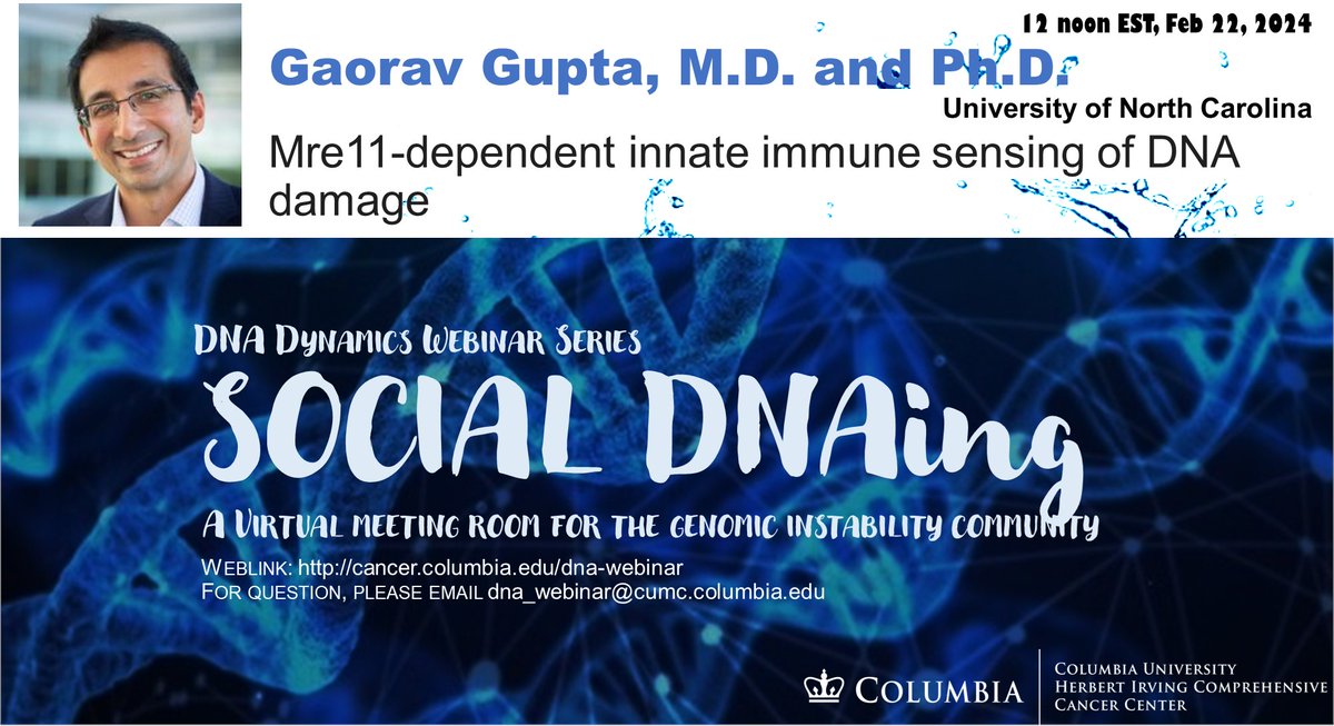 Thank Pat @Opreskolab for a nice talk. Dr. Gupta @guptalabunc will tell us an exciting new role of MRE11 in innate immune regulation. Sign up at cancer.columbia.edu/research/progr…