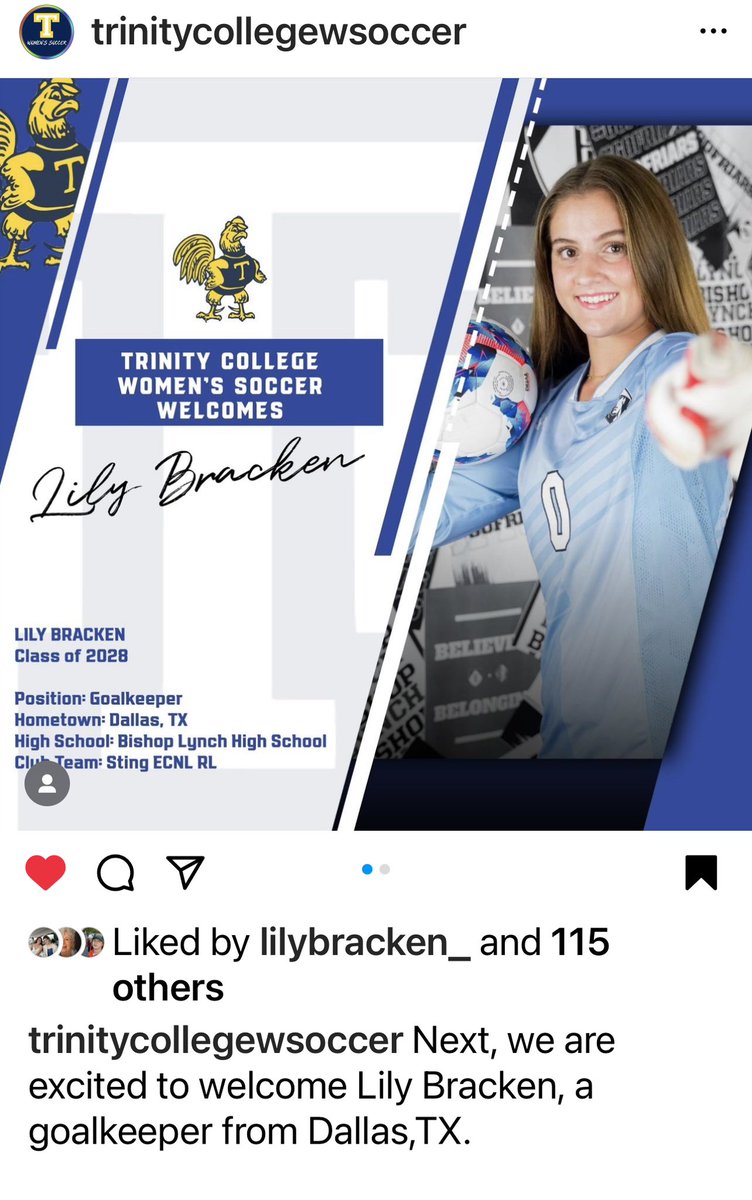 LILY BRACKEN🧤’24 (@lilybracken1) on Twitter photo I’m so grateful and excited to be playing for <a href="/Trincollwosoc/">Trinity W. Soccer</a> 🐓🐓next year! #rollbants 💙💛
<a href="/blathletics/">Bishop Lynch Athletics</a>
<a href="/ImCollegeSoccer/">College Soccer Truth ™</a> <a href="/StingECNLRoyal/">Sting Royal ECNL & ECNL-RL</a> I’m so grateful and excited to be playing for <a href="/Trincollwosoc/">Trinity W. Soccer</a> 🐓🐓next year! #rollbants 💙💛
<a href="/blathletics/">Bishop Lynch Athletics</a>
<a href="/ImCollegeSoccer/">College Soccer Truth ™</a> <a href="/StingECNLRoyal/">Sting Royal ECNL & ECNL-RL</a>