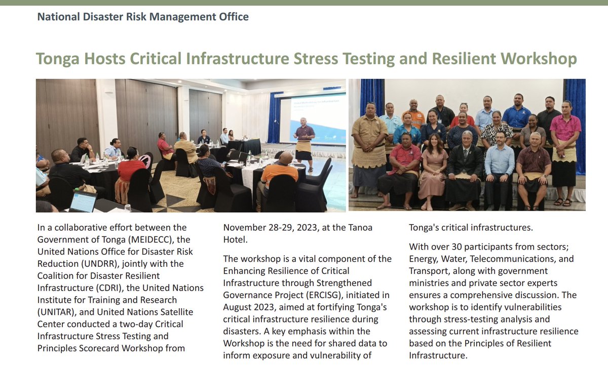 UNOSAT's tweet photo. 🌏 Exciting news! UNOSAT is honored to be featured in the latest National Disaster Risk Management Office (NDRMO) newsletter in Tonga. Grateful for collaboration with NDRMO, CDRI, and UNDRR in fortifying critical infrastructure resilience. Let's shape a more resilient future! 🤝 https://t.co/sRKj2Y1TCv