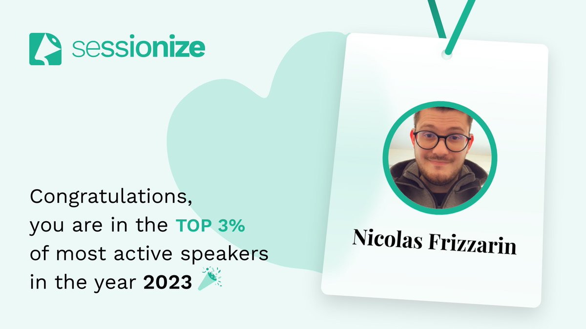 Nicolas FRIZZARIN 🥑 (@nicooss54) on Twitter photo Wooowww I’m super happy to be in the Sessionize’s top 3% most active speaker. Thanks a lot for this recognition 🎉<a href="/SessionizeCom/">Sessionize.com</a> Wooowww I’m super happy to be in the Sessionize’s top 3% most active speaker. Thanks a lot for this recognition 🎉<a href="/SessionizeCom/">Sessionize.com</a>