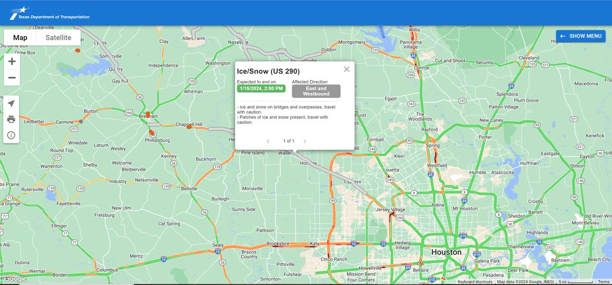 ⚠️NEW FROM <a href="/TxDOTHouston/">TxDOT- HOU District</a> | Our partners at <a href="/TxDOT/">TxDOT</a> are reporting patches of ICE and SNOW on US 290 as it enters our area.
.
⚠️USE EXTREME CAUTION⚠️
.
Monitor current road conditions here:
TxDot: bit.ly/DriveTexasRoads
TranStar: bit.ly/TranStarMap
#knowbeforeyougo 
#Houston