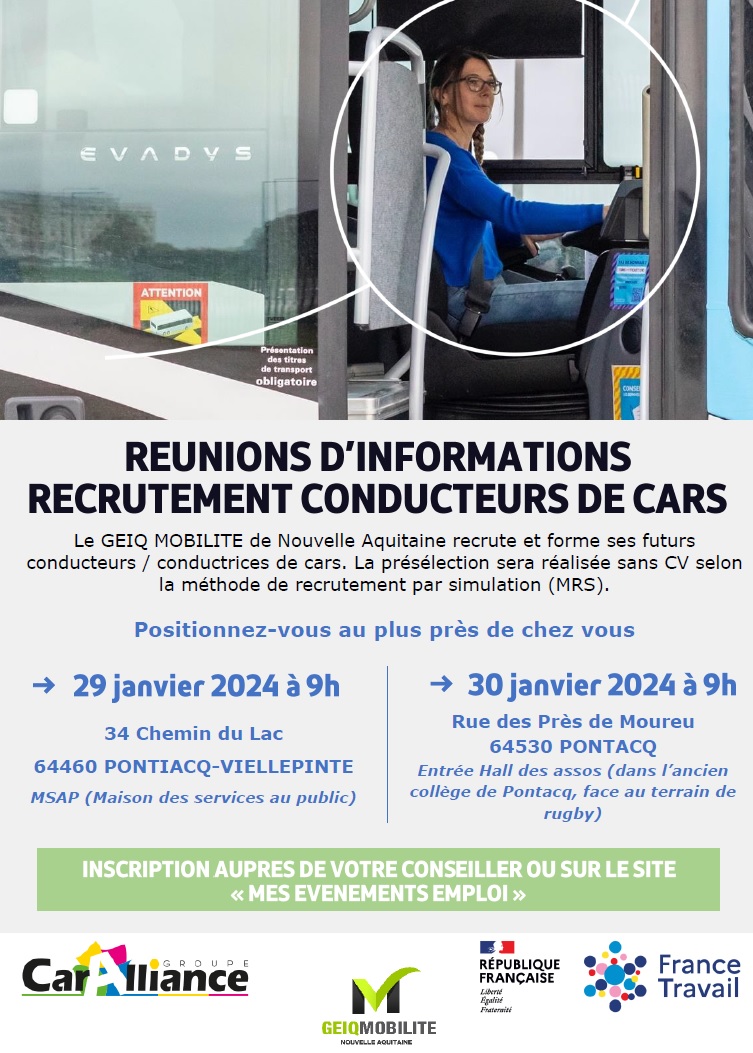📢 Recrutement de Conducteur Bus (h/f) #AvecFranceTravail
Prérequis : âgé de 21 ans &amp; titulaire Permis B
Recrutement par simulation, sans CV, ouvert à tout public

Inscriptions :
✅29/01 à Pontiacq-Viellepinte > mesevenementsemploi.pole-emploi.fr/mes-evenements…
✅30/01 à Pontacq > mesevenementsemploi.pole-emploi.fr/mes-evenements…