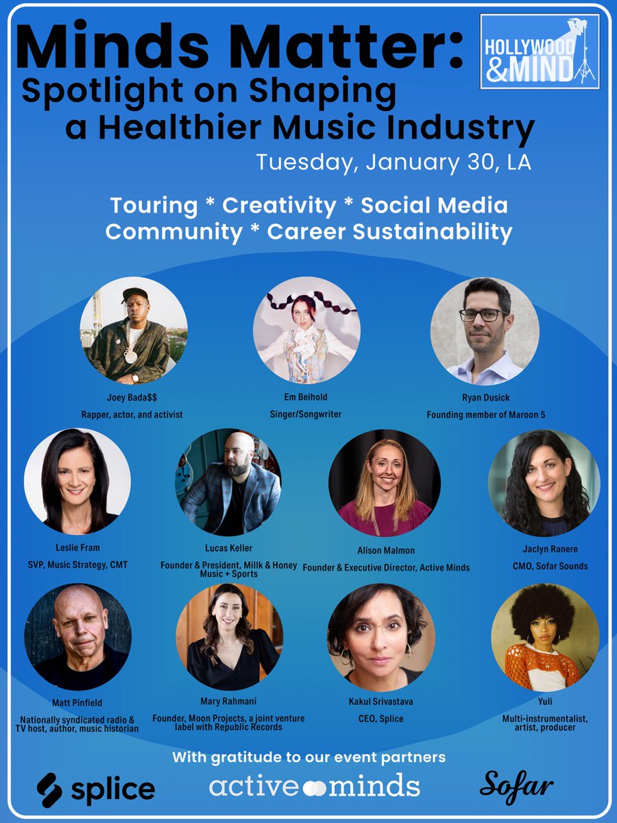Minds Matter: Spotlight on Shaping A Healthier Music Industry
Tuesday, January 30 
4-6:30 program, followed by a reception
The London, West Hollywood 

Get your tickets here!  lnkd.in/gwCcCkC4

#mentalhealth #mentalhealthawareness #mentalhealthmatters #music #musicindustry